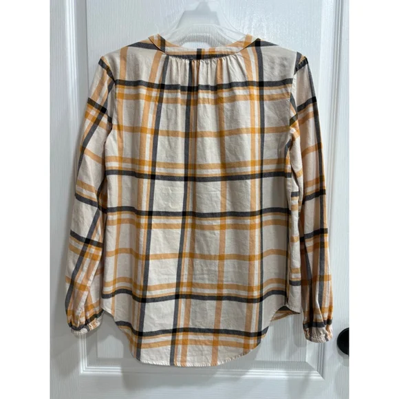 Women's LOFT Outlet Plaid Peasant Top, XS, Ivory Navy Yellow - Picture 5 of 5